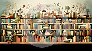 Bookshelf with several rows of books and indoor plants