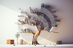 Bookshelf shaped like tree with many books on it's shelves. Generative AI