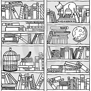 Bookshelf with sleeping cat (seamless pattern)