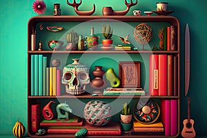 bookshelf surrounded by colorful and eclectic knickknacks