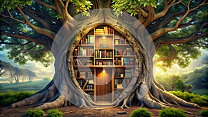 Bookshelf in the tree. 3d rendering. Computer digital drawing.