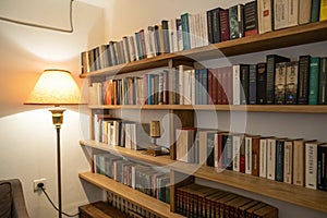 Bookshelf on the wall with lamp and books