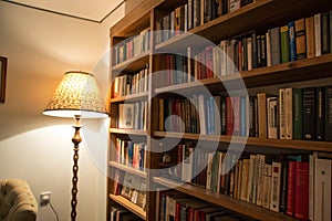 Bookshelf on the wall with lamp and books