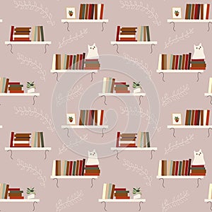 Bookshelfs  cat and houseplant pattern