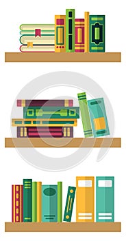 Bookshelves with book stacks. Library or bookstore color icon