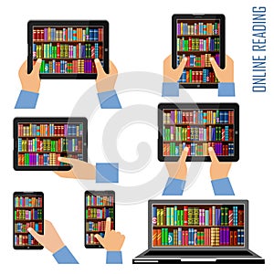 Bookshelves with books on smartphone, tablet and laptop screen