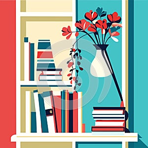 Bookshelves with books, vase with flowers. Vector illustration in flat style AI Generated