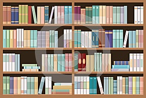 Bookshelves full of books. Education library and bookstore concept. Seamless pattern.