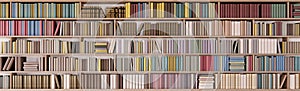 Bookshelves in the library with colorful books 3d render