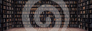 Bookshelves in the library with old books 3d render