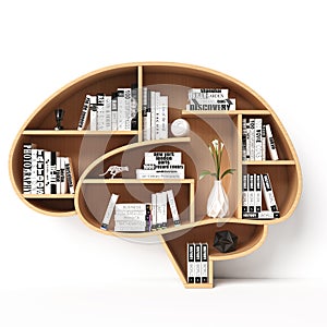 Bookshelves in the shape of human brain, intelligence book shelf concept 3d rendering