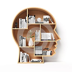 Bookshelves in the shape of human head, education book shelf concept 3d rendering