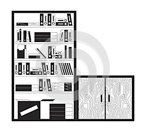 Bookshelves with wooden cabinet black and white 2D line cartoon object