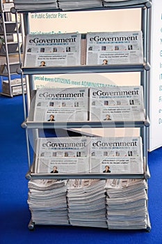 Bookstand with eGovernment newspaper in hall at CeBIT