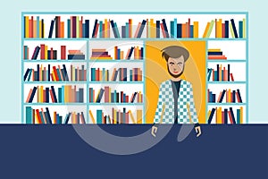 Bookstore and bookseller man. Flat vector illustration