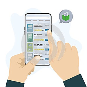 Bookstore on cellphone screen. Mobile application for buying books. Client chooses product in online store. Internet marketplace.