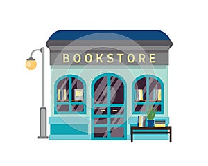 Bookstore flat vector illustration. Bookshop building facade with signboard isolated on white background. Small kiosk