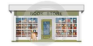 Bookstore front with bookshelves on white background