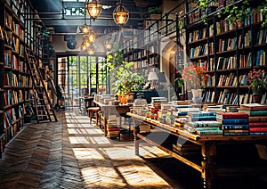 Bookstore interior with bookshelves, lamps and wooden floor.