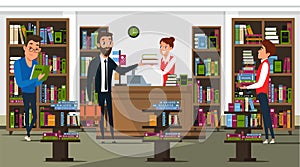 Bookstore interior flat vector illustration