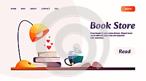 Bookstore landing page. Website template with books and magazines, cartoon book market, reading books concept. Vector
