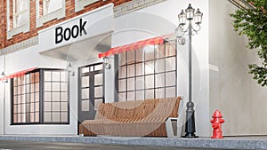 Bookstore or library. Exterior of a building near the road. Education concept. The view from the street is a bench with