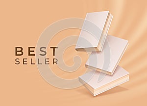 Bookstore or library poster with realistic floating blank book mockups. Closed books with empty cover. Reading and photo