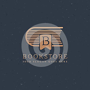 Bookstore Logo. Book symbol with bookmark. Stock vector illustration isolated on dark background.