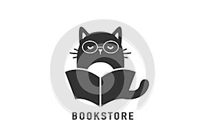 Bookstore logo vector design illustration. Abstract business brand concept with stylish cat reading book, text sign