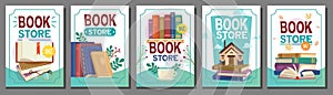Bookstore posters set. Design of advertisement for a bookshop. Vector template