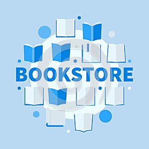 Bookstore round blue flat illustration. Vector creative sign