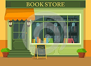 Bookstore or shop with books, store showcase