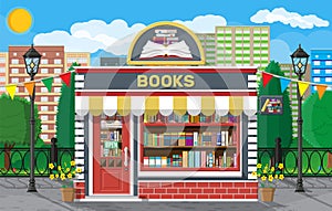 Bookstore shop exterior. Books shop brick building