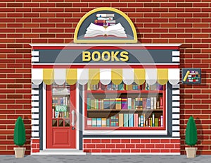 Bookstore shop exterior. Books shop brick building