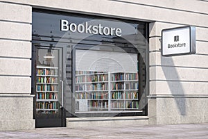 Bookstore shop exterior with books and textbooks in showcase