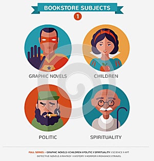 Bookstore subjects, flat icons and characters