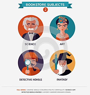 Bookstore subjects, flat icons and characters