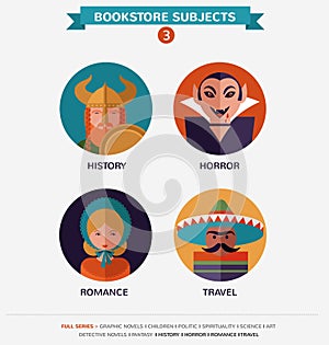 Bookstore subjects, flat icons and characters