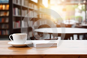 Bookstore third space background. Empty tabletop on blurred background of bookshelves