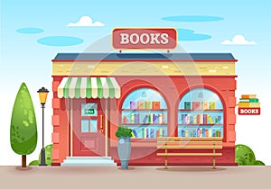 Bookstore with a visor above the entrance. Books in a shop window on shelves. Street shop. Vector illustration, flat style.