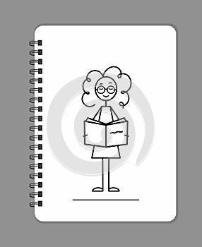 bookworm or booklover sketch, curly girl enjoy literature, black line vector illustration,iling girl, handdrawn female