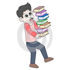 Bookworm boy was staggering carrying a large pile of books photo