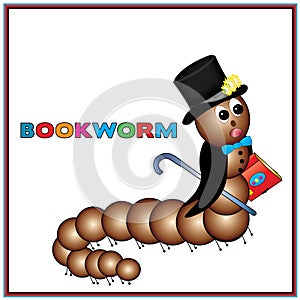 Bookworm Illustration of worm Holding Book and cane wearing a tux