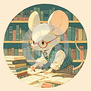 Bookworm Mouse in a Library, Studying and Learning.