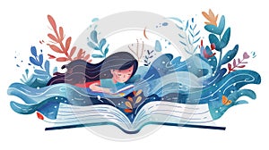 Bookworm, reader swimming in fantasy water on pages, imagination concept. Tiny character, bibliophile. Flat graphic