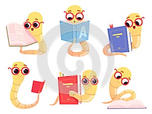 Bookworms cartoon. Back to school character reading books library worm happy smart baby animal vector illustrations