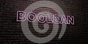 BOOLEAN -Realistic Neon Sign on Brick Wall background - 3D rendered royalty free stock image