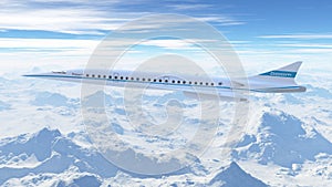 Boom Airlines airplane flying in the sky. 3d Illustration photo