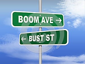 Boom Avenue Bust Street Road Signs