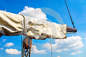 Boom, Block and Tackle, and Sail of a Historic Botter Boat in the Harbor of Bunschoten-Spakenburg